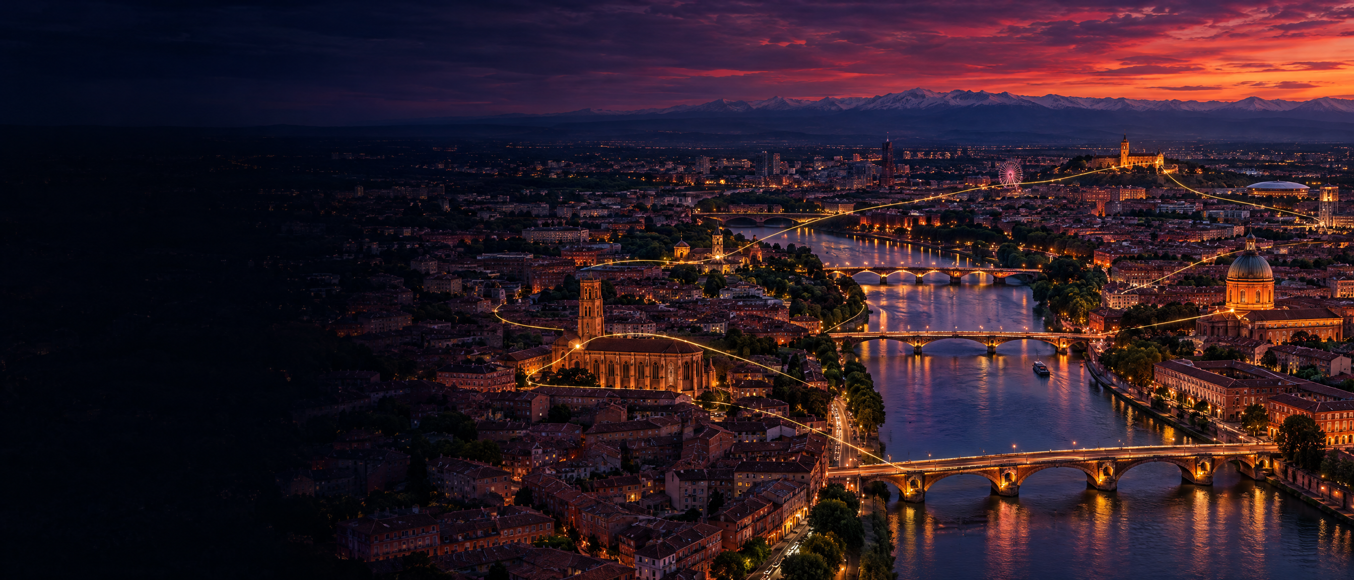 Toulouse au crépuscule, reliée par un réseau de lumière